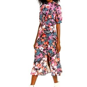 Julia Jordan Floral Midi Dress |Puff Sleeve Slit| Navy Blue Pink Orange | Size 4